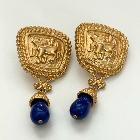 Avon Jewelry - Vintage 1980s Avon Pegasus Earrings – Gold-Tone with Blue Teardrop Stone